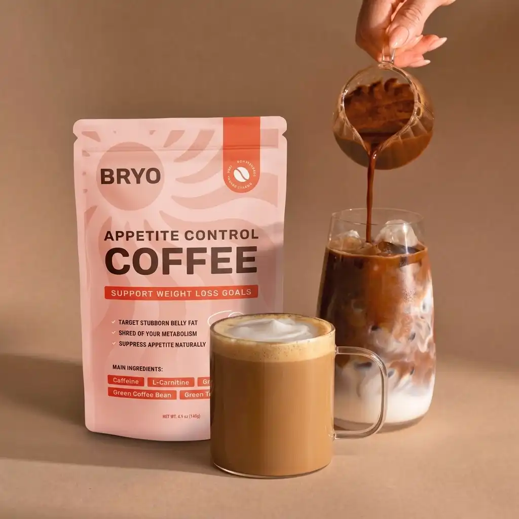BRYO appetite control coffee served with milk and ice – prepared as an iced coffee