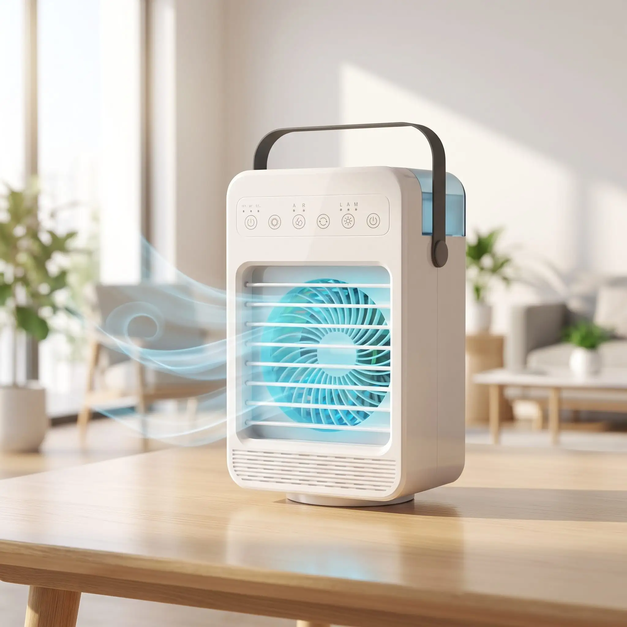 CoolJet air cooler being used at a desk in a warm home office
