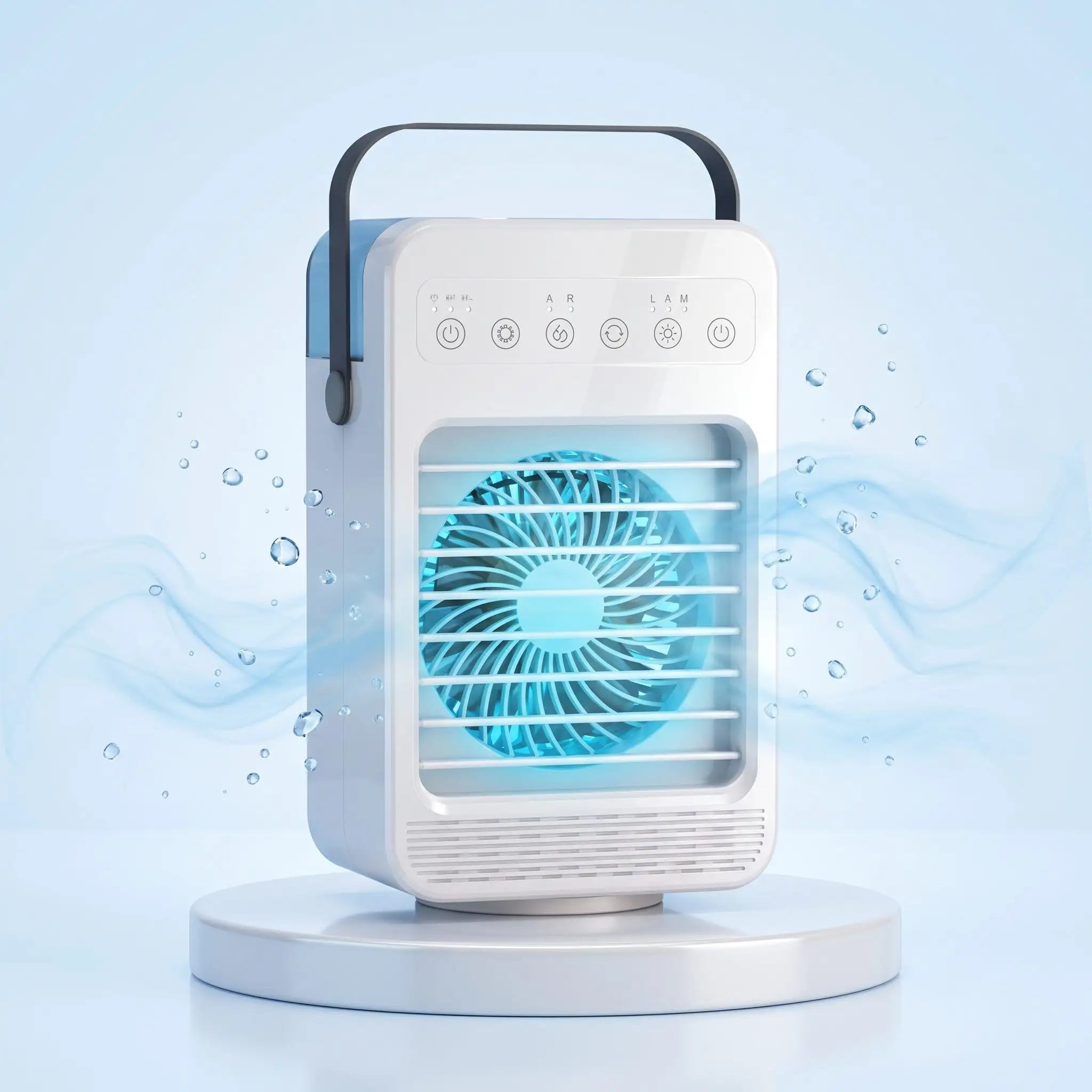 Close-up of CoolJet's water tank and ultrasonic misting mechanism