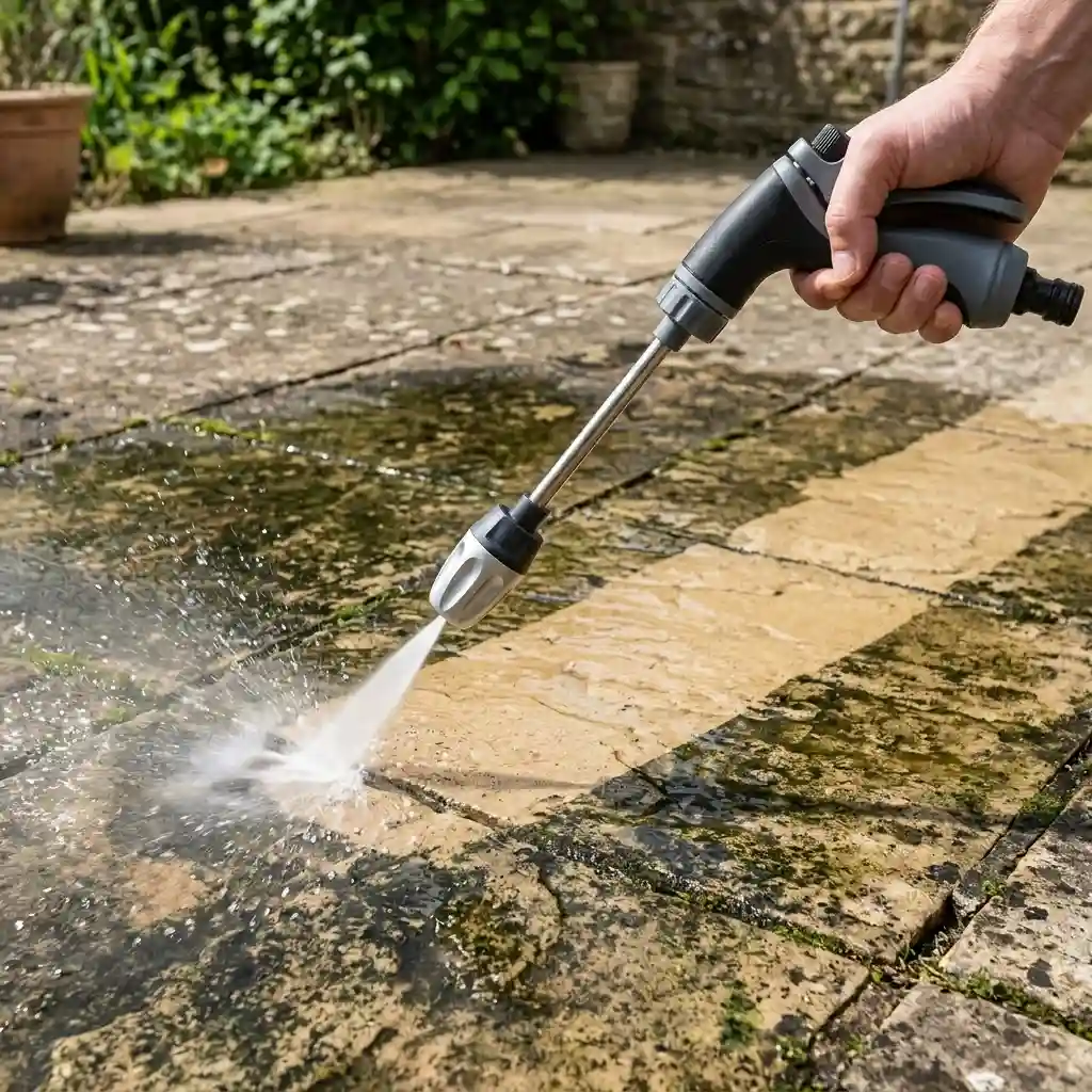 Jetterix high-pressure nozzle cleaning a moss-covered patio — the water jet removes moss and dirt instantly